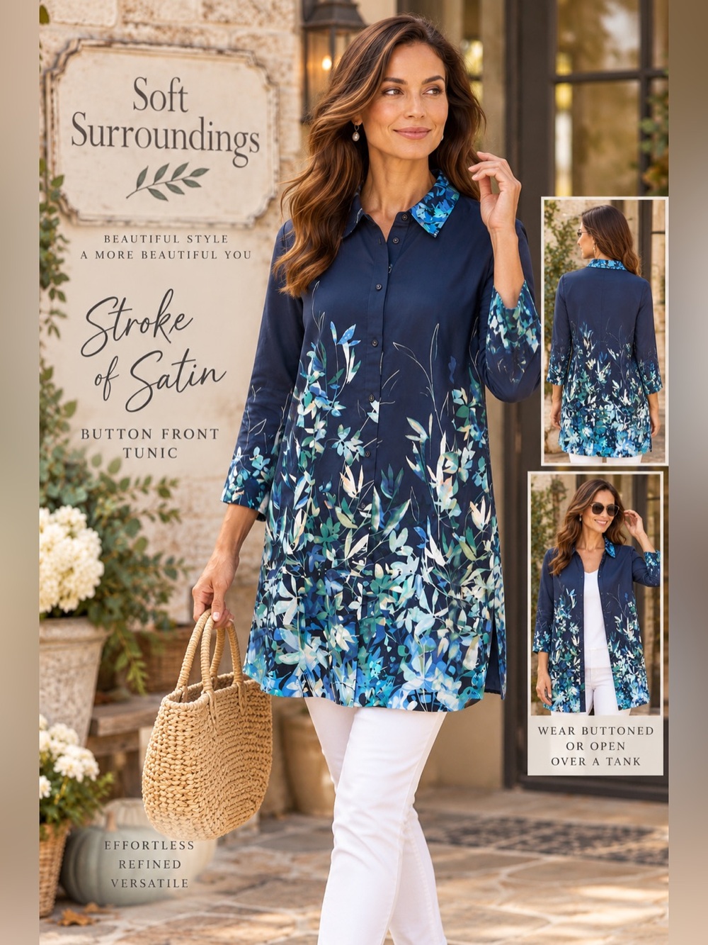 Soft Surroundings Stroke of Satin Floral Buttons Front Tunic Top Blu Boho,Size M